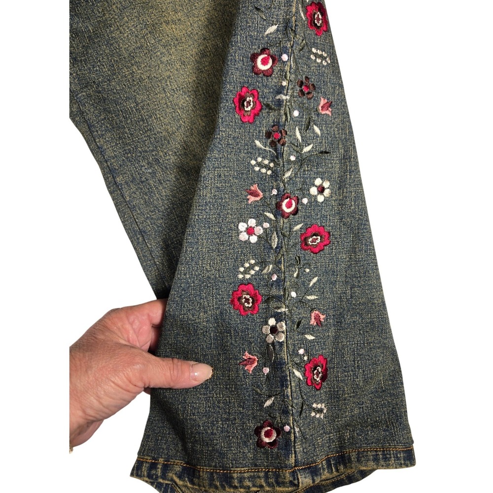 Vintage Floral Embroidered Wide Leg Jeans Sandblasted Dark Wash Denim 20W - Picture 4 of 11